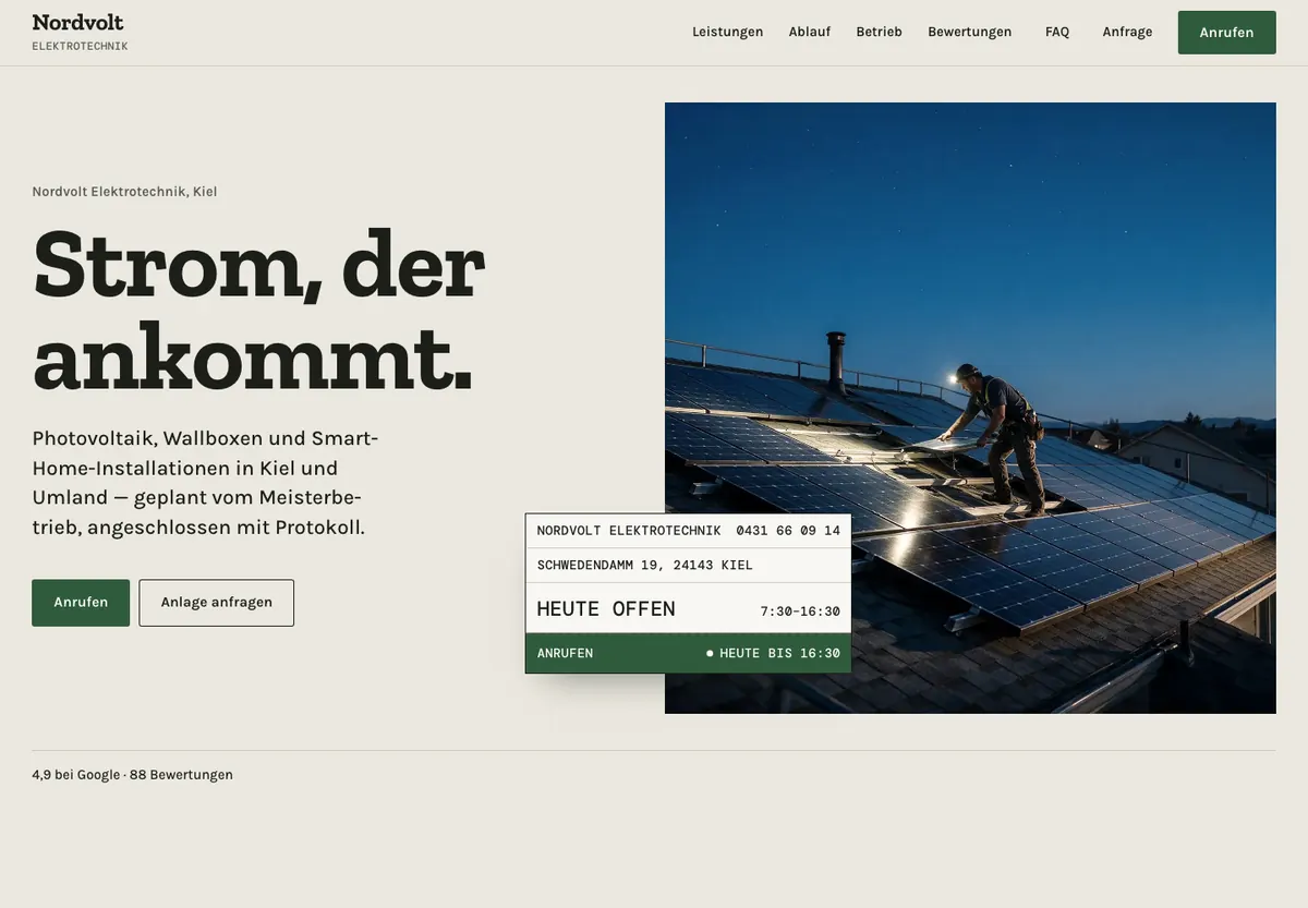 Beispiel-Website im Design Werkstoff: Nordvolt Elektrotechnik, Elektrobetrieb