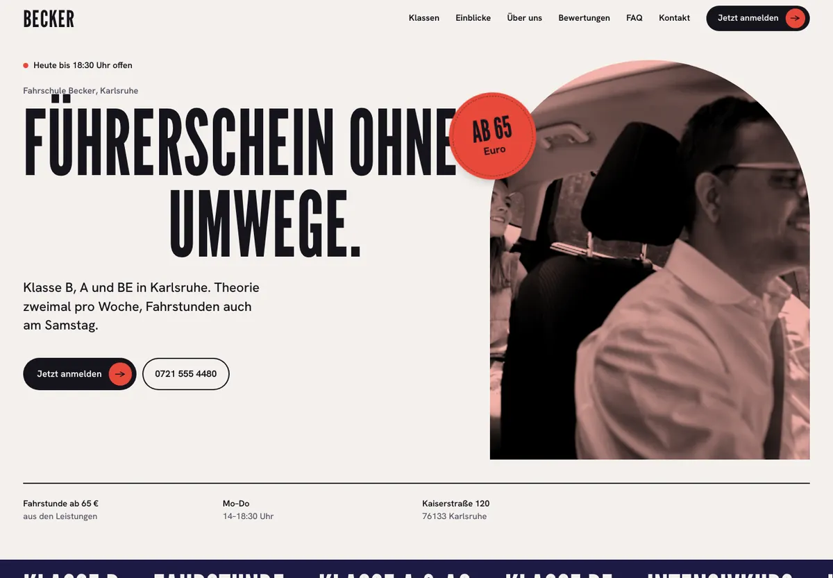 Beispiel-Website im Design Plakat: Fahrschule Becker, Fahrschule