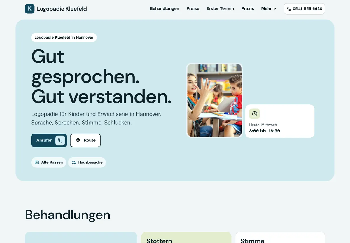Beispiel-Website im Design Klar: Logopädie Kleefeld, Logopädie