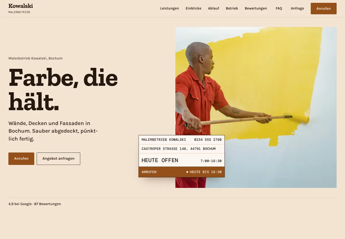 Beispiel-Website im Design Werkstoff: Malerbetrieb Kowalski, Malerbetrieb