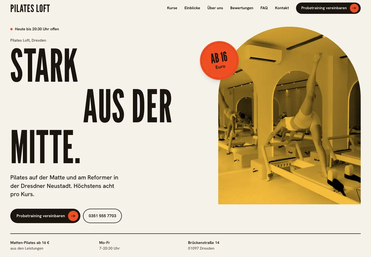 Beispiel-Website im Design Plakat: Pilates Loft, Pilatesstudio