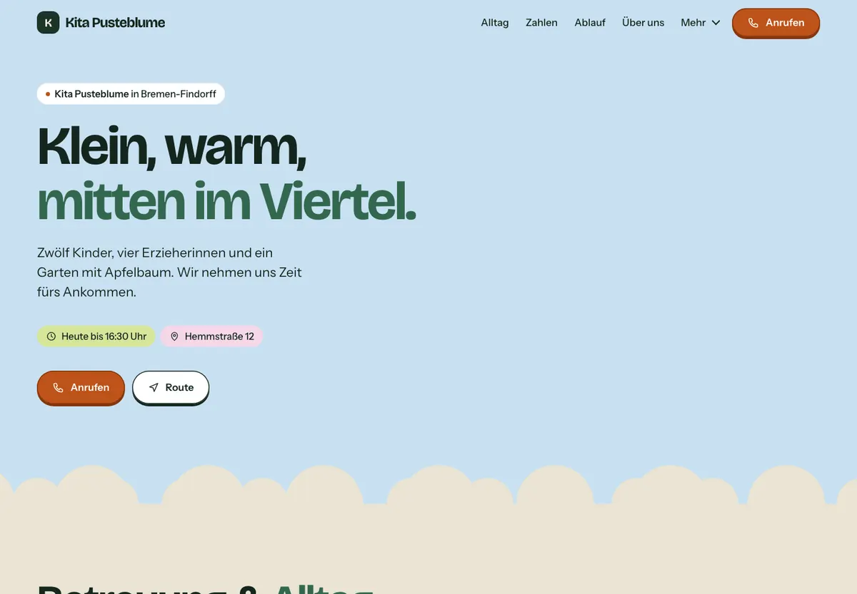 Beispiel-Website im Design Freundlich: Kita Pusteblume, Kita