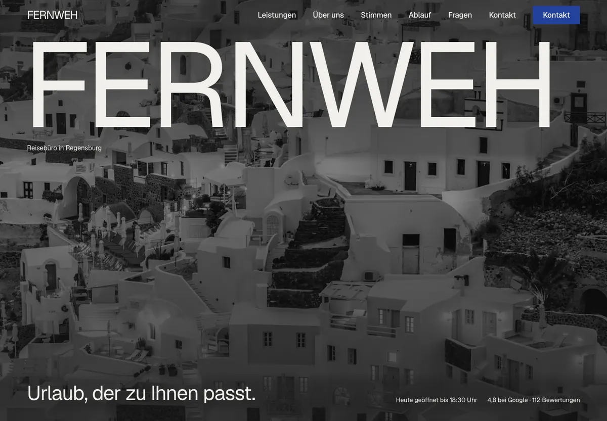 Beispiel-Website im Design Raster: Reisebüro Fernweh, Reisebüro