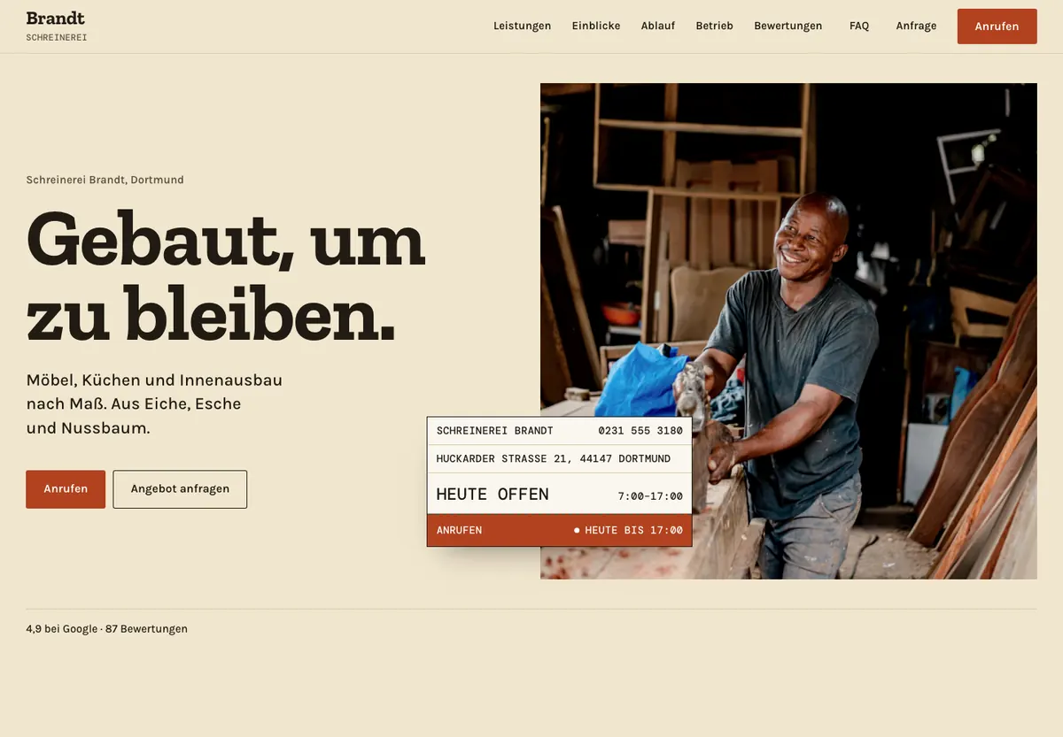 Beispiel-Website im Design Werkstoff: Schreinerei Brandt, Schreinerei