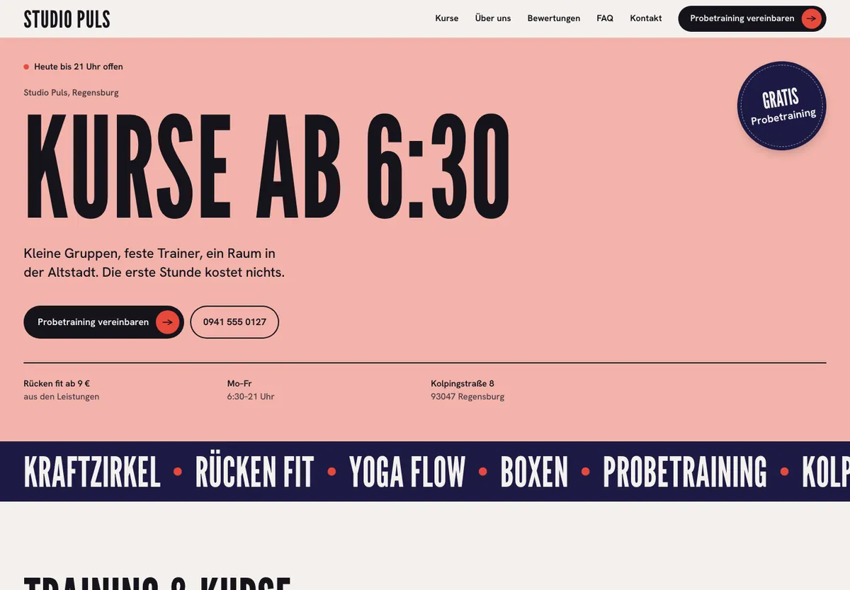 Beispiel-Website im Design Plakat: Studio Puls, Personal Training