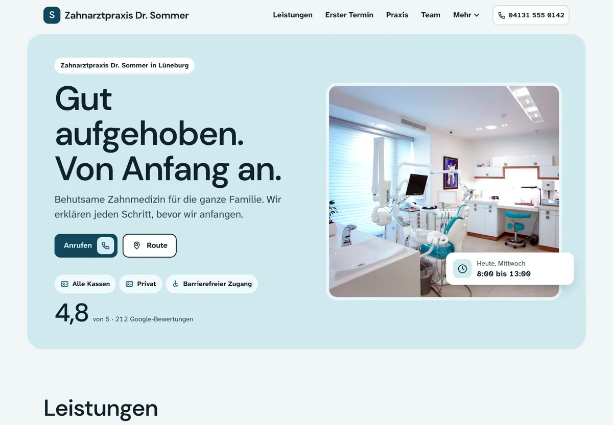 Beispiel-Website im Design Klar: Zahnarztpraxis Dr. Sommer, Zahnarztpraxis